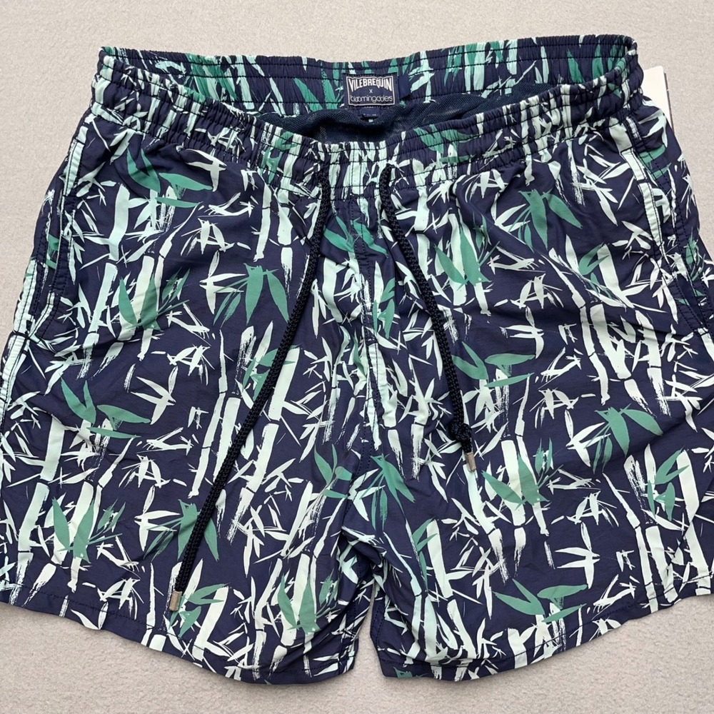 Vilebrequin x Bloomingdales Mens XXL Swim Trunks Navy Blue Green Bamboo Print